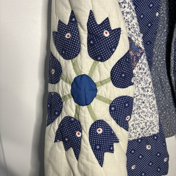 Handmade Quilt Coat Upcycled Patchwork Open Front Blue Shacket Jacket Floral - Picture 3 of 7